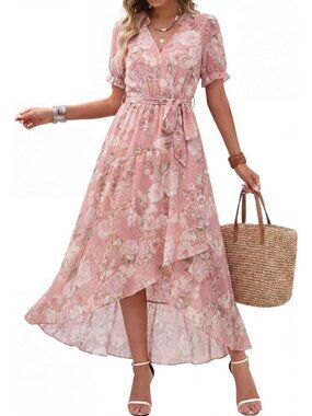 Women's Floral Pink Puff Sleeve Wrap Ruffle Chiffon Imported Maxi Dress